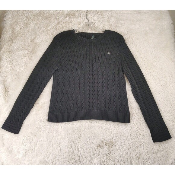 Chunky Y2K Vtg Lauren Ralph Lauren Cable Knit Sweater Black Sz M 100% Cotton - Picture 1 of 7